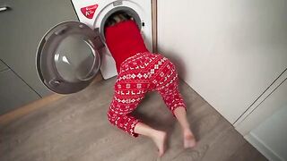 A step mom gets stuck in a washing machine and her step son helps her
