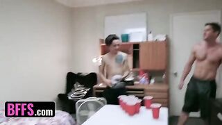 Two roommates fucked by hot college girls in an orgy