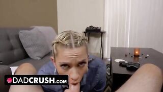 A blonde step-daughter, Khloe Kapri, gets a rough blowjob from her stepdad in POV style