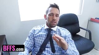 Three busty office ladies, including the perky Sami Parker, get fucked by their boss’s stepson in a taboo orgy