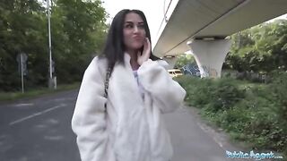 Petite British teen nearly gets run over, gets fucked instead by Public Agent