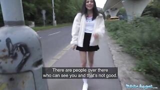 Petite British teen nearly gets run over, gets fucked instead by Public Agent