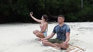 Girl meditates on the beach and gets a deep blowjob from a stranger, showcasing Kriss Kiss’s petite brunette charm in a steamy POV scene