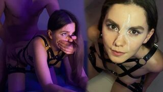 A pretty brunette has sex in a harness and gets cum on her face