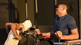 Kay Carter gets fucked by two black guys in front of her husband in the gym
