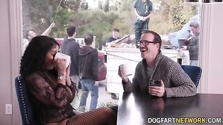 Ebony babe Paris The Muse gets her mouth full of ten cocks