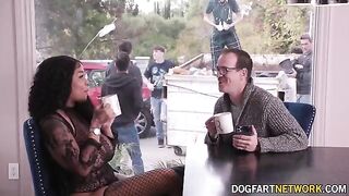 Ebony babe Paris The Muse gets her mouth full of ten cocks