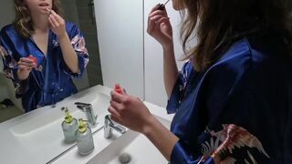 Hot French girl with big tits fucks in the morning in the bathroom