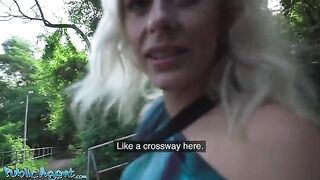 A blonde cougar with natural boobs got banged outdoors by the agent