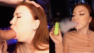 A hot girl is smoking a cigarette and making a deep blowjob