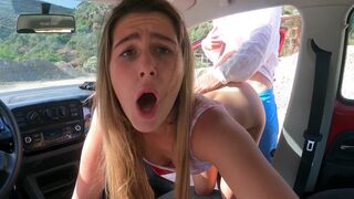 A chick is getting fucked hard in the car on public parking!