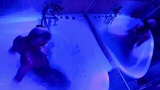 The blonde plays with sex toys in the bathroom and simulates a big cock