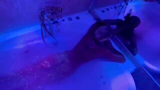 The blonde plays with sex toys in the bathroom and simulates a big cock