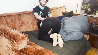 A couple has real sex under the blanket and both of them come together