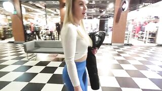 Blonde girl fucks for money in shopping mall toilet
