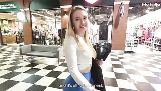 Blonde girl fucks for money in shopping mall toilet