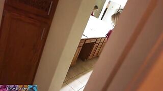 The stepmom is getting ready for bed while the stepson watches and masturbates