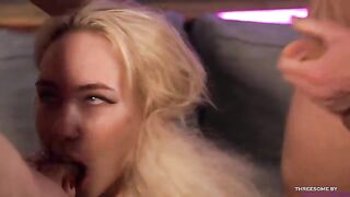 A blonde girl got two cocks in her mouth, Bella Mur’s blowjob skills on point