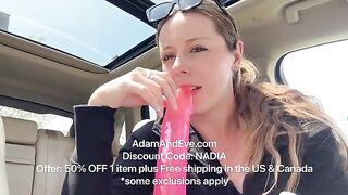 Babe Nadia tries out her new toy in the car’s backseat