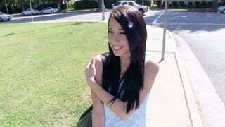 A cute petite girl, Mia Hurley, shows her boobs to earn some money