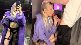 A cute blonde girl met a guy in the elevator and got cum on her