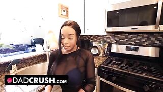 Innocent busty ebony stepdaughter Lily Starfire doesn't wear a bra at home to seduce her stepdad