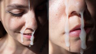 Brunette hottie gets a huge cum shot on her cute face