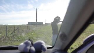 Petite teen gets horny on a road trip and sucks my cock in public
