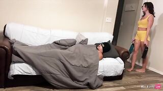 A wife fucks her friend on the couch, and her husband joins in