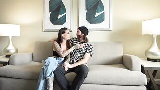 A man experiences his first double blowjob with two sexy babes in an intense encounter