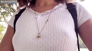 Public masturbation and hard orgasm with a stranger who watches her pussy and legs