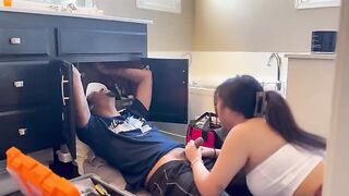 Asian girl pays for the repair with her pussy by sucking his dick