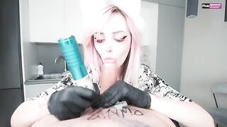 A blowjob during a tattoo session is pain mixed with pleasure
