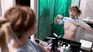 The cute girl arranged a humble surprise for her boyfriend in the bathroom