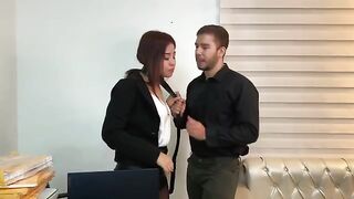 A cutie secretary in stockings fucks with her handsome boss in the office