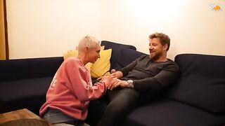 A couple has a wild sex session in their rented apartment, with a cumshot straight from the balcony