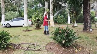 Two girlfriends fucked by a hot gardener in an amateur vid