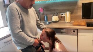 The husband does not notice anything as his wife gets fucked right in front of him