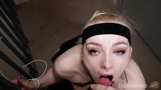 A beautiful girl with blue eyes was deeply fucked in the mouth outdoors