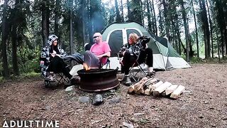 POV of two hot poly wives sharing a big dick while fucking in the wilderness