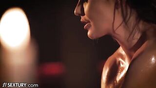 Skinny teen Lilu Moon gets oiled and fingered by busty Tina Kay