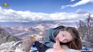 A big booty blonde amateur couple fucks on top of a cliff in POV style