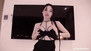 Hot Asian girl in a black dress, wearing high heels, had an intense encounter