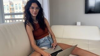 A nerdy girl with glasses has sex with her stepbrother in a steamy scene