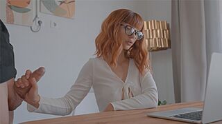 A sexy girl fucks with a guy on a zoom meeting and takes his cum