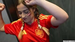 A Spanish supporter was fucked in anal and DP by two guys in the parking lot