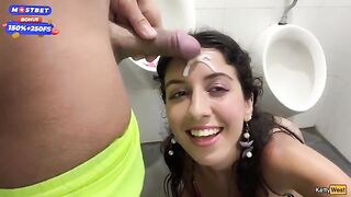 Public blowjob and cumwalk action by the waterfall, daring and wild!