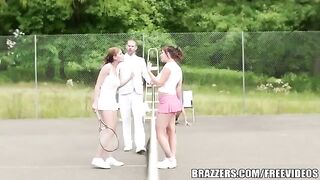 A girl has sex with her friend on a tennis court with a rich uncle