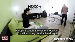 Cute brunette babe fucked by a casting agent on a table in a steamy scene