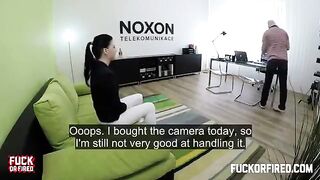 Cute brunette babe fucked by a casting agent on a table in a steamy scene